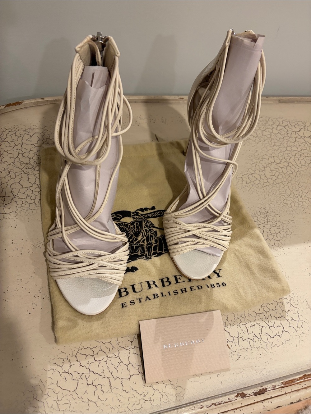 Burberry Cream Lace-Up Strappy Heeled Sandals
